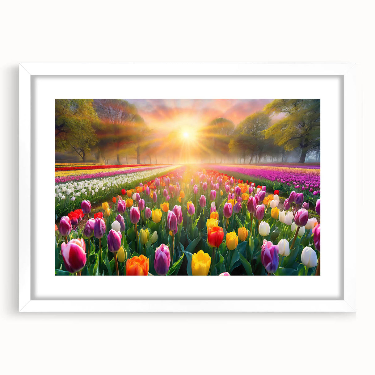 Framed wall art collection showcasing vibrant landscapes and gardens, featuring a white mat and sleek frame design, perfect for home decor enhancement.