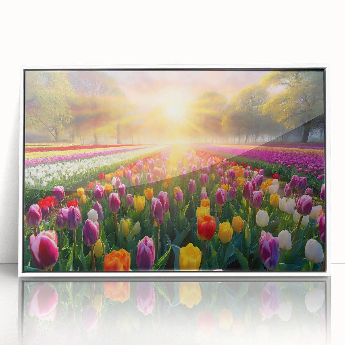 Framed acrylic wall art collection showcasing a vibrant landscape design with lush greenery and colorful blooms, perfect for enhancing modern home decor.