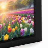 Close-up of a framed canvas artwork showcasing a vibrant landscape garden design, featuring lush greenery and colorful flowers, perfect for home decor.