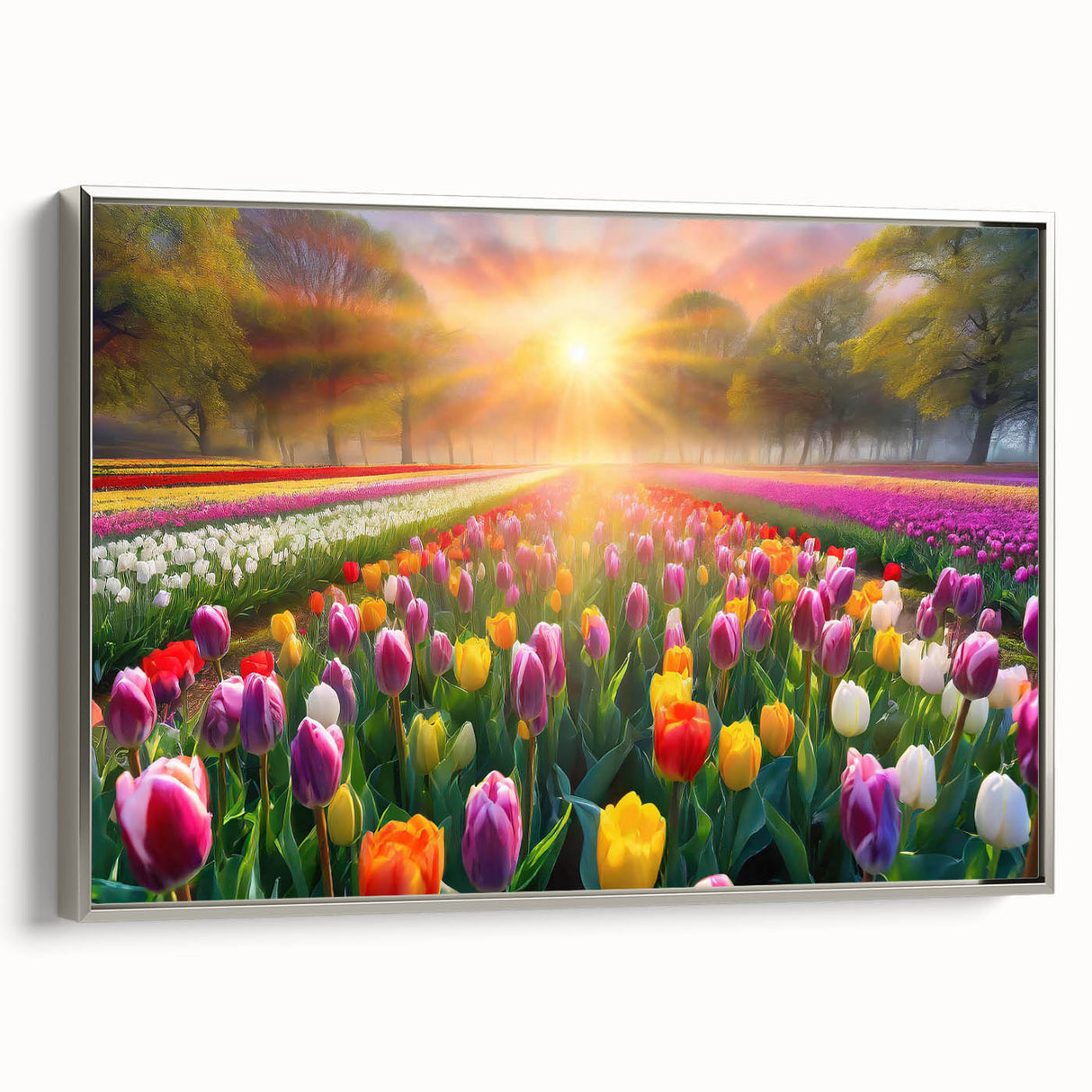 Framed wall art featuring a serene landscape design of lush gardens, elegantly displayed with a silver frame, perfect for home decor and interior styling.