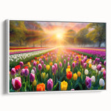 Framed canvas wall art showcasing a serene landscape garden design with vibrant colors, perfect for enhancing home decor. The artwork features a white frame, adding elegance to any room setting.