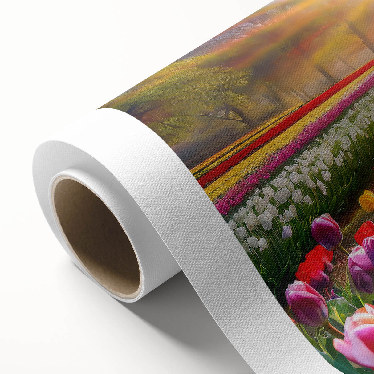 Rolled canvas art print showcasing a vibrant abstract garden landscape design with lush greenery and colorful flowers, elegantly packaged for display or gifting.