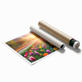 Vibrant rolled print of a serene landscape garden design showcasing lush greenery, colorful flowers, and tranquil water features, ideal for home decor.