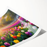 Rolled print of a vibrant landscape garden design featuring lush greenery and colorful flowers, ideal for home decor, showcasing a serene outdoor aesthetic.