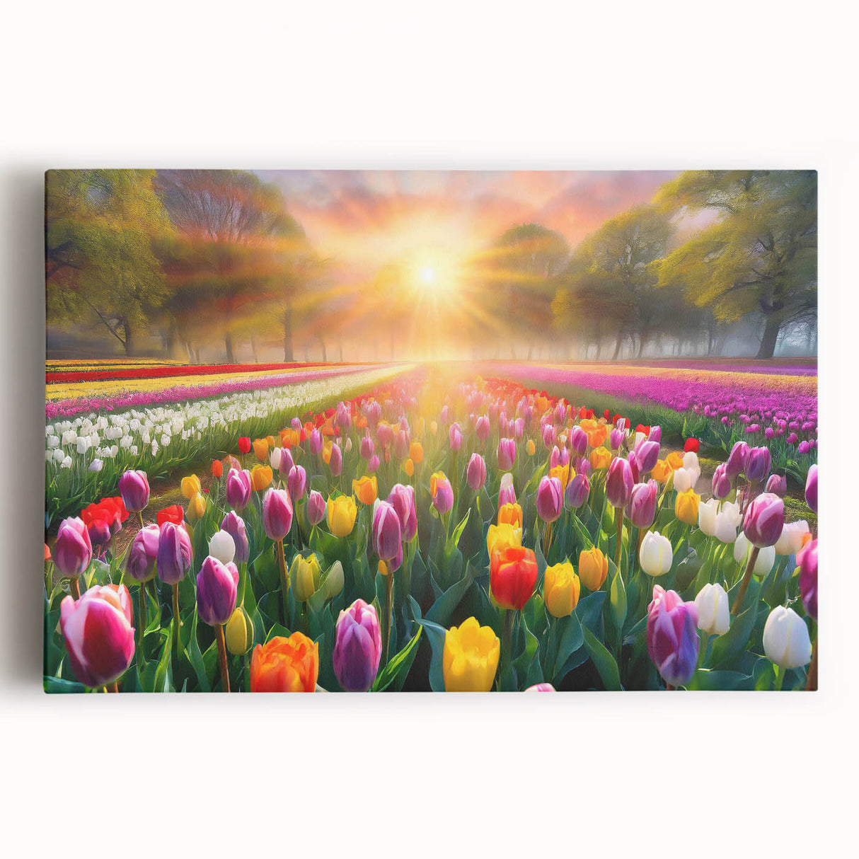 Stretched canvas artwork showcasing a vibrant landscape garden design, featuring lush greenery and colorful flowers, perfect for home decor.