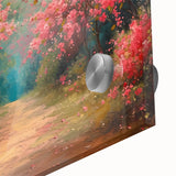 Close-up of a vibrant acrylic glass wall art piece showcasing a lush garden landscape design, featuring rich greens and intricate floral details, perfect for home decor.