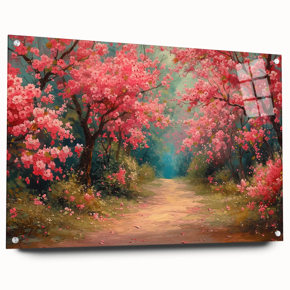 Side view of a modern wall art collection featuring vibrant landscapes and garden designs, displayed on acrylic glass with decorative pins, perfect for home decor.