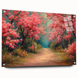 Side view of a modern wall art collection featuring vibrant landscapes and garden designs, displayed on acrylic glass with decorative pins, perfect for home decor.