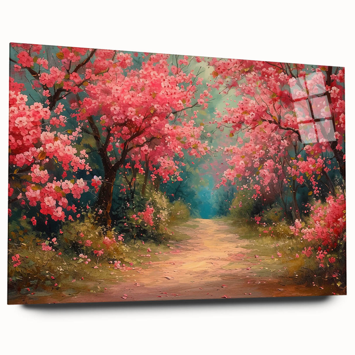 Acrylic glass wall art showcasing a vibrant landscapes and gardens design, displayed from the side without pins, perfect for enhancing interior decor.