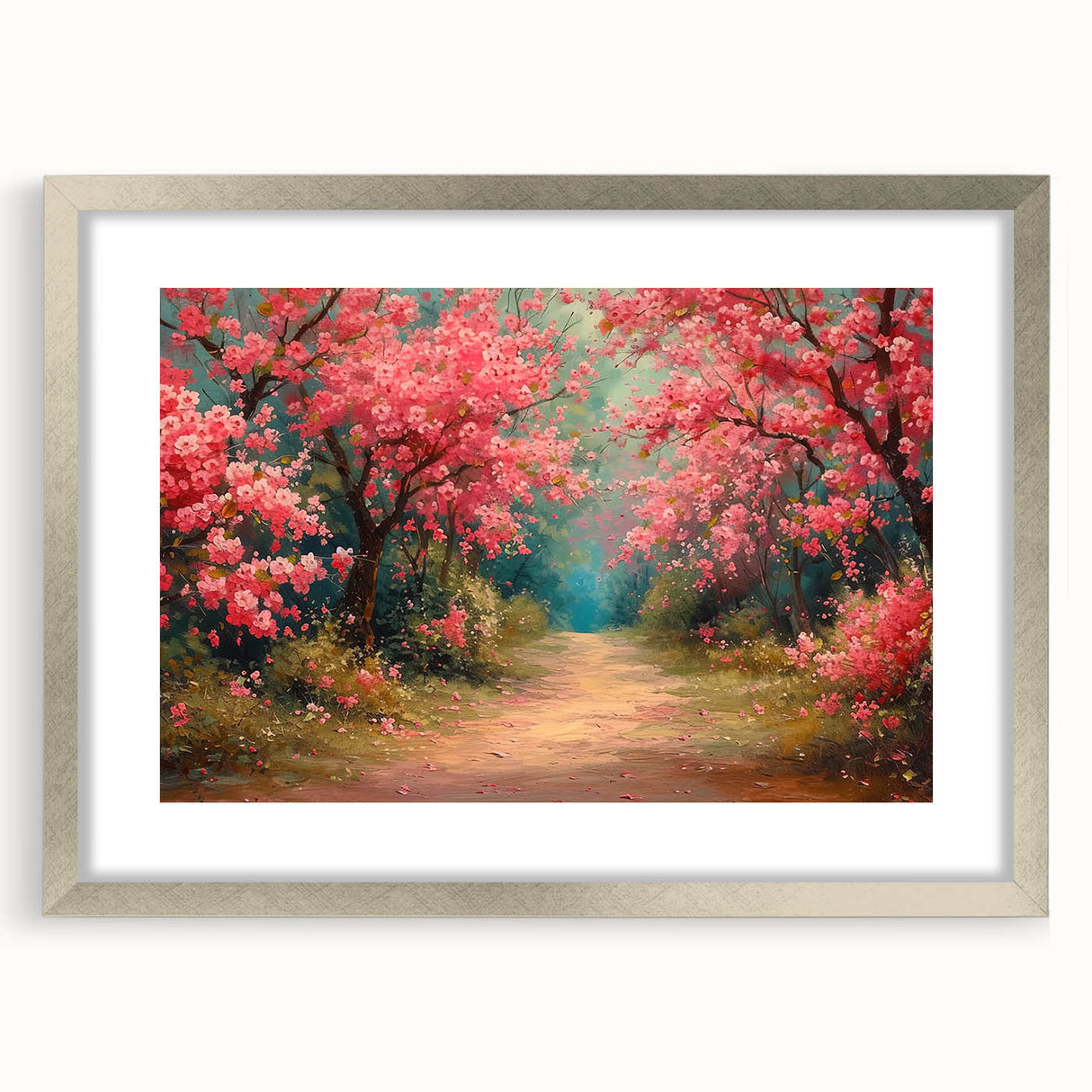 Framed wall art collection showcasing a vibrant landscape garden design with a silver mat, perfect for adding elegance to home decor. The piece captures lush greenery and colorful flowers, ideal for nature enthusiasts.
