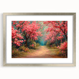 Framed wall art collection showcasing a vibrant landscape garden design with a silver mat, perfect for adding elegance to home decor. The piece captures lush greenery and colorful flowers, ideal for nature enthusiasts.