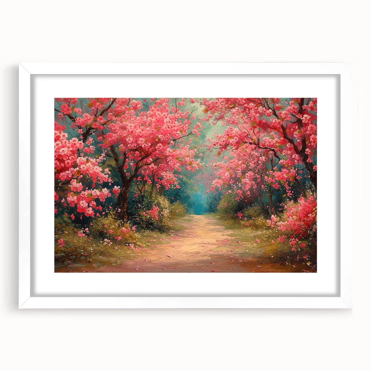 Framed wall art featuring a serene landscape garden design, showcasing vibrant greens and soft blues, perfect for home décor in a white mat frame.