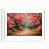 Framed wall art featuring a serene landscape garden design, showcasing vibrant greens and soft blues, perfect for home décor in a white mat frame.