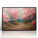 Framed acrylic wall art featuring a vibrant landscape garden design, showcasing lush greenery and colorful flowers, presented in a sleek black frame.