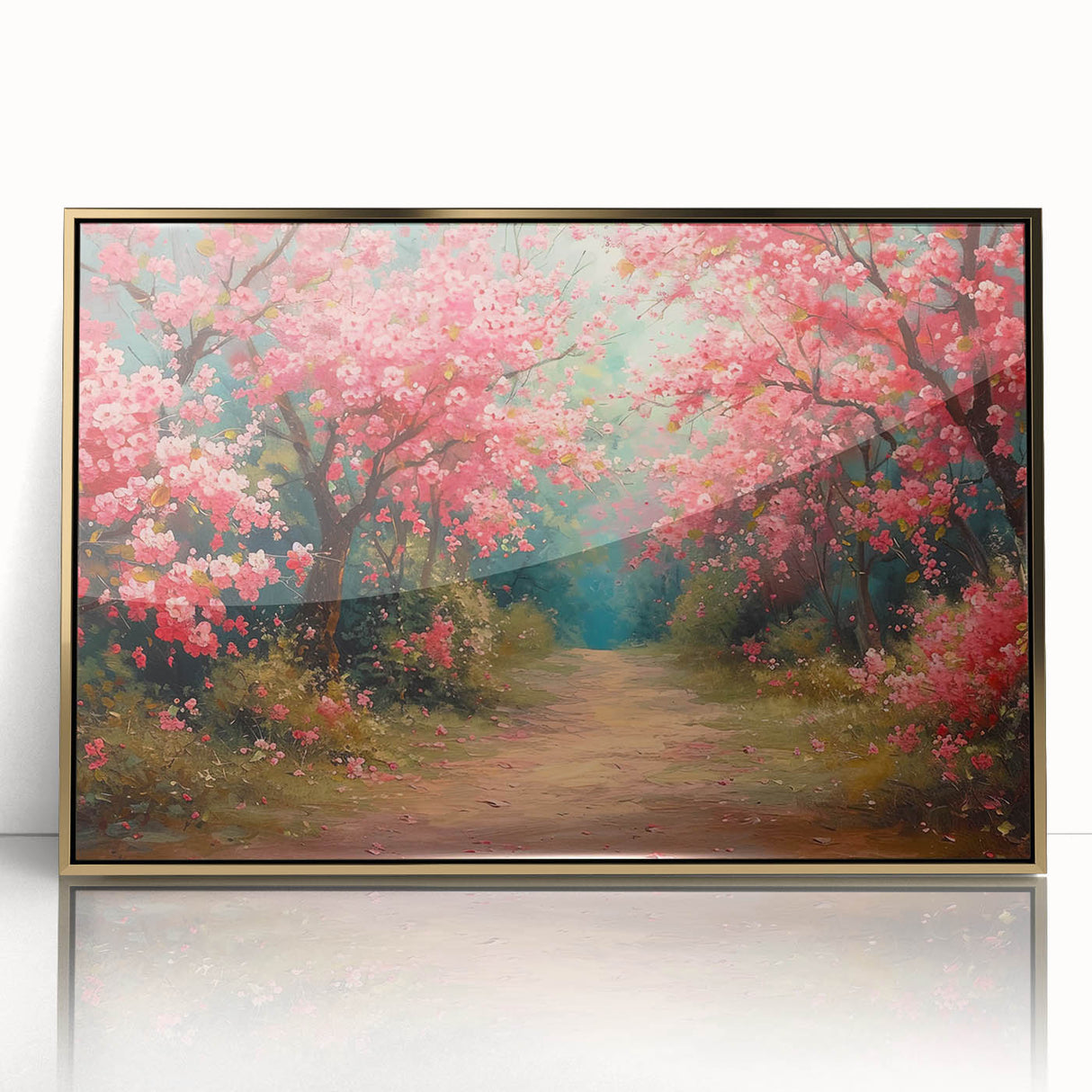 Framed wall art collection showcasing a vibrant landscape and garden design, featuring gold accents and a sleek acrylic front, ideal for home decor enhancement.