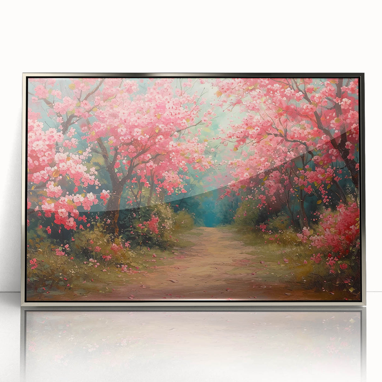 Framed wall art from the Landscapes & Gardens collection, showcasing a vibrant garden scene with colorful flowers and lush greenery against a silver-acrylic frame. Perfect for home decor or art enthusiasts.