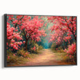 Framed canvas wall art showcasing a serene landscape garden design, featuring vibrant colors and intricate details, set against a sleek black frame for modern decor.