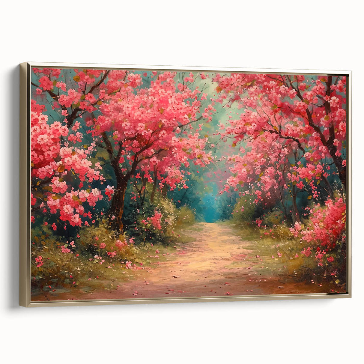 Framed canvas wall art featuring a vibrant landscape garden design, accented with a gold frame, showcasing lush greenery and colorful flowers, ideal for home decor.