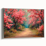 Framed canvas wall art showcasing a serene landscape garden design, featuring vibrant greens and soft blues, elegantly bordered with silver accents. Perfect for home decor.