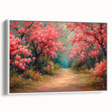 Framed canvas wall art featuring a serene landscape garden design, showcasing vibrant green foliage and colorful flowers, perfect for home decor.
