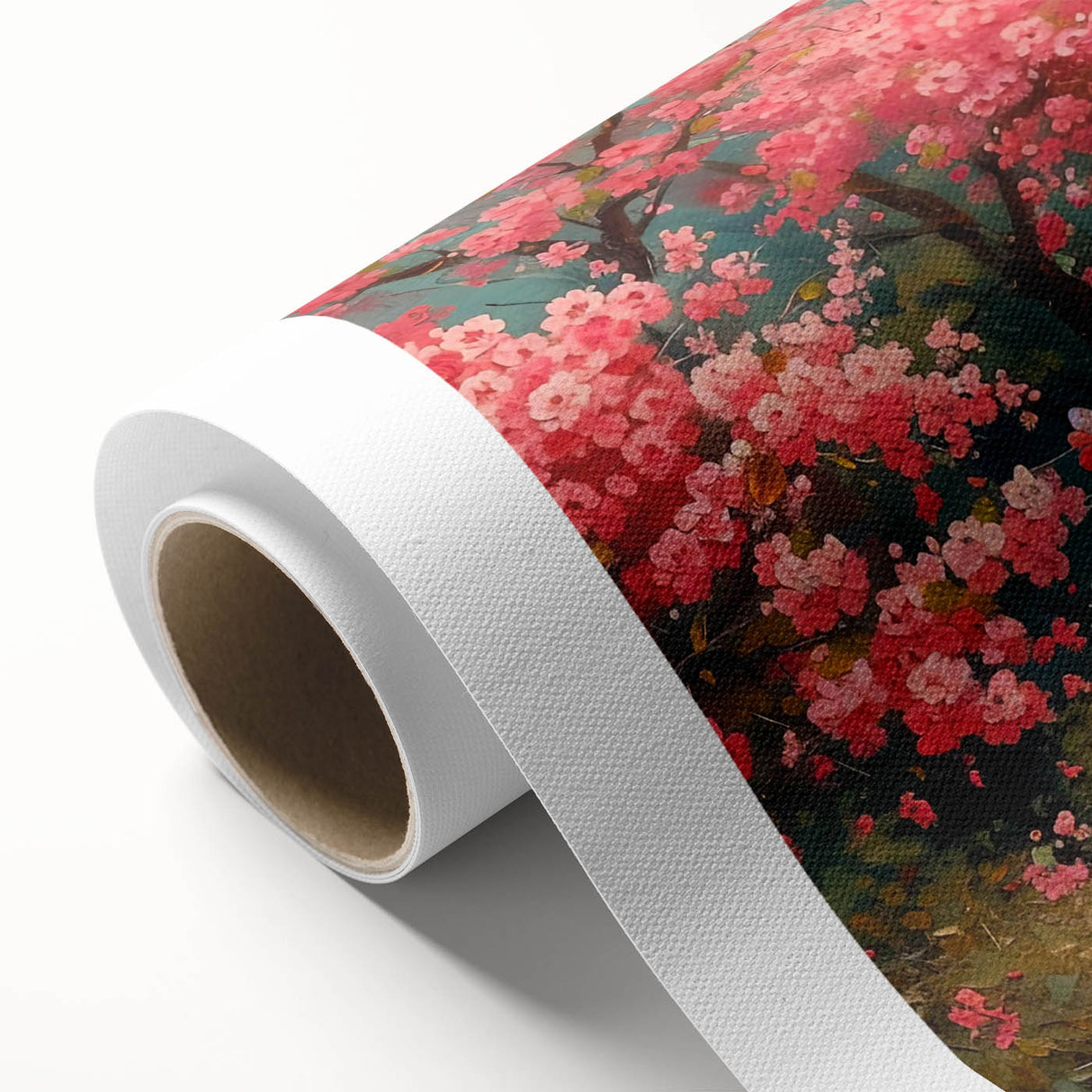 Vibrant rolled canvas wall art featuring a serene landscape garden design, showcasing lush greenery and colorful flowers, ideal for home decor.