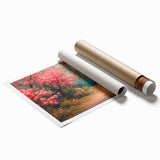 Rolled print showcasing a vibrant landscape garden design, featuring lush greenery and colorful flowers, packaged securely in a cardboard tube for delivery.