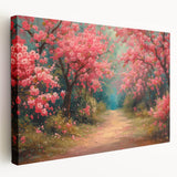 Stretched canvas wall art showcasing a vibrant landscape garden design in rich colors, ideal for home decor, displayed from a side view to highlight its depth and texture.