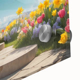 Close-up of a vibrant acrylic glass wall art piece depicting a stunning landscape garden design, showcasing vivid colors and intricate details, ideal for modern decor.