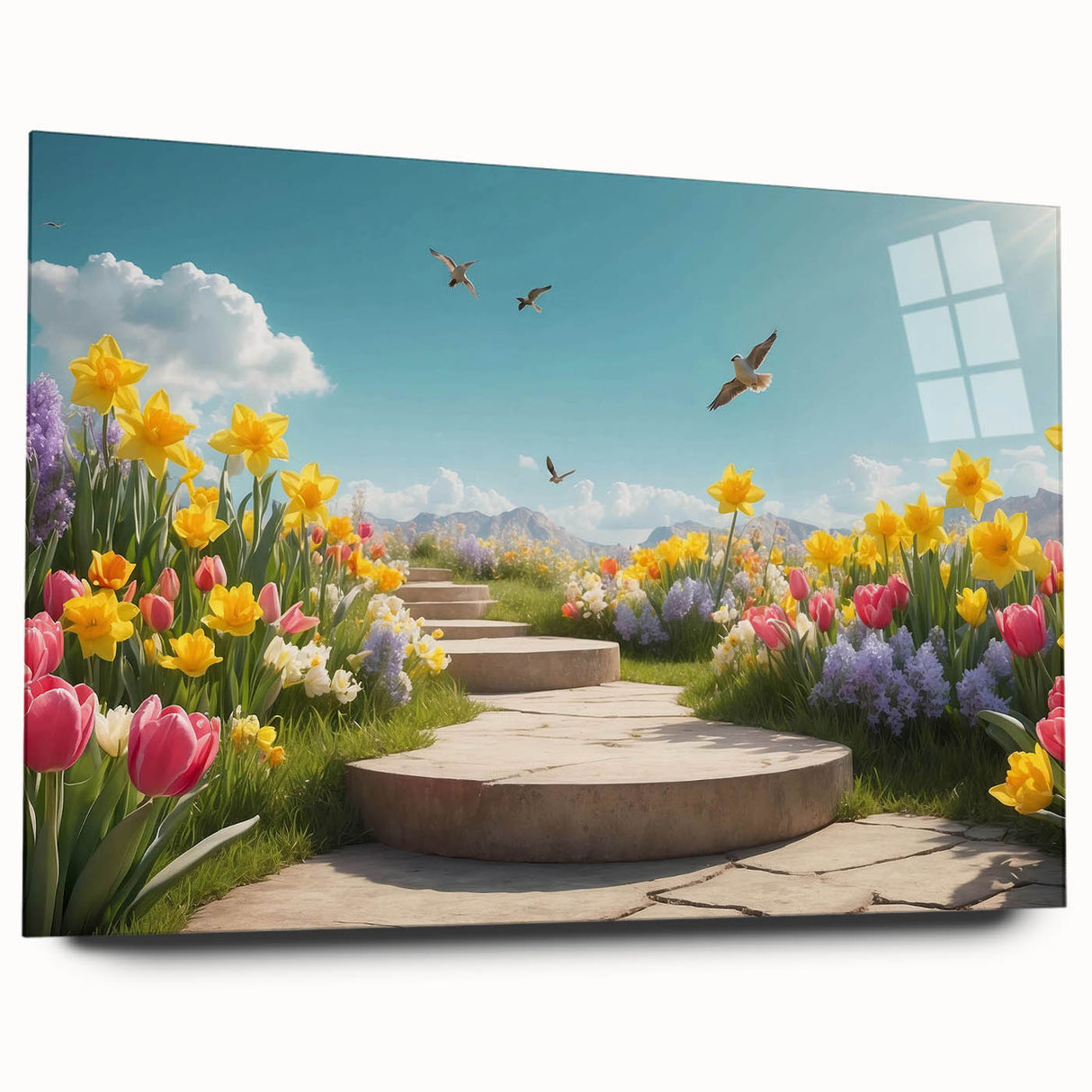 Acrylic glass wall art collection showcasing a stunning landscape and garden design, viewed from the side without pins. Ideal for modern home decor enhancement.