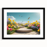 Framed wall art collection showcasing a serene landscape garden design in a sleek black frame with a mat, perfect for enhancing home decor aesthetics.