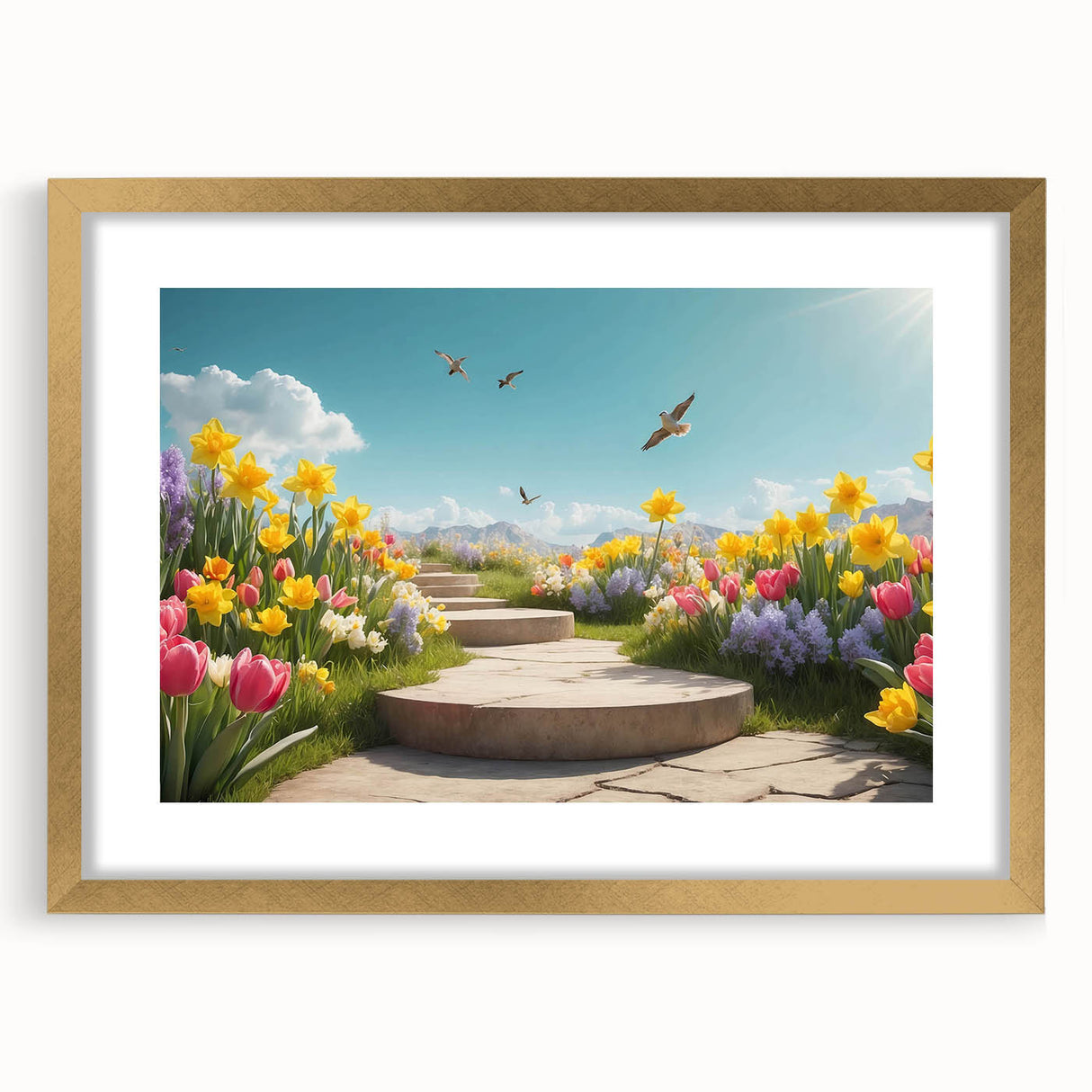 Elegant gold-framed wall art showcasing a serene landscape garden design, featuring lush greenery and vibrant colors, perfect for enhancing home decor aesthetics.