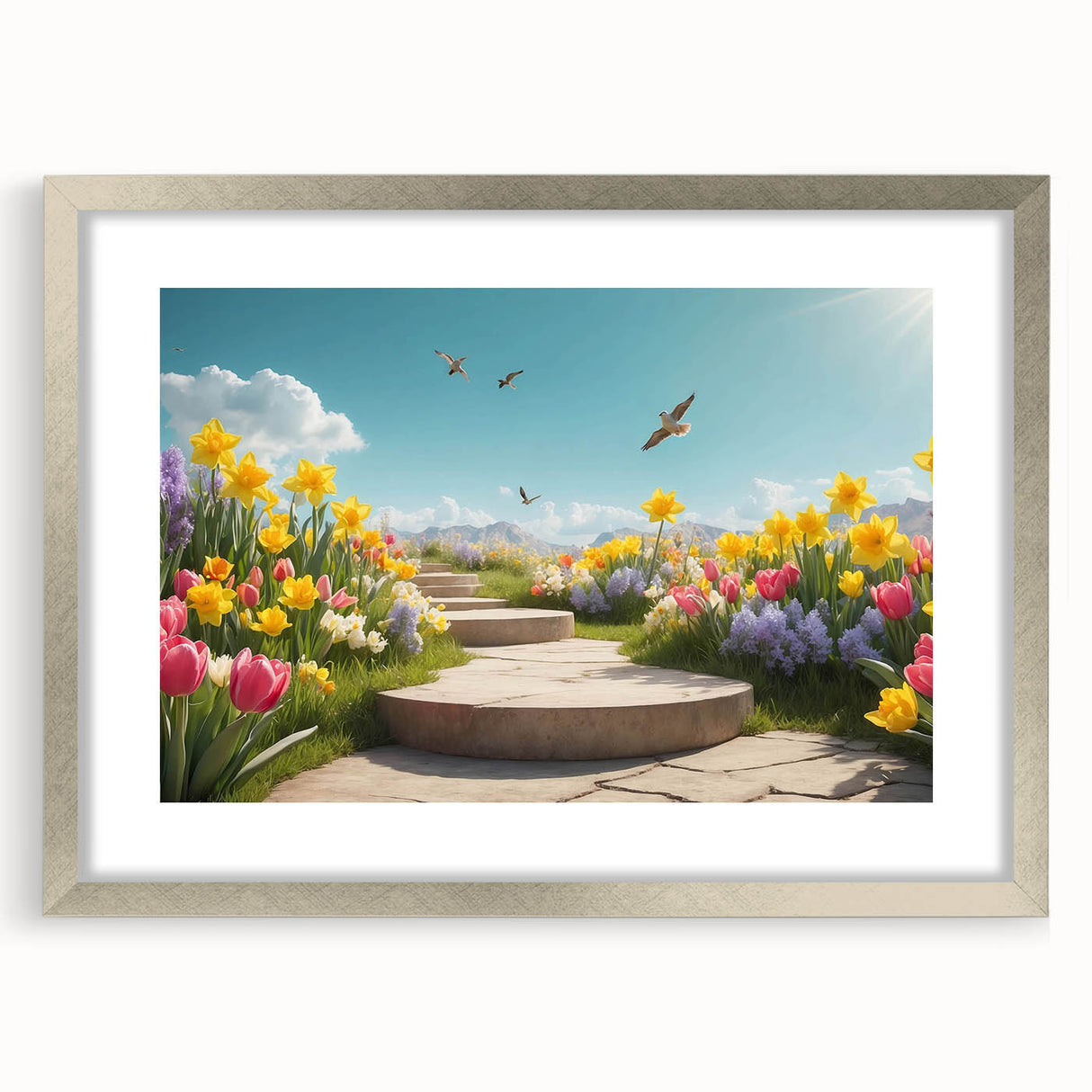 Framed wall art showcasing a serene landscape garden design, featuring a silver mat and frame, ideal for home decor. Perfect for nature lovers seeking elegance in interior design.