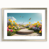 Framed wall art showcasing a serene landscape garden design, featuring a silver mat and frame, ideal for home decor. Perfect for nature lovers seeking elegance in interior design.