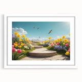 Framed wall art featuring a serene landscape garden design in a white matte frame, perfect for adding elegance to home decor. Ideal for nature enthusiasts.