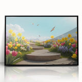 Framed acrylic wall art collection showcasing vibrant landscapes and gardens, featuring a sleek black frame and modern design, ideal for home décor.