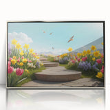 Framed wall art collection showcasing vibrant landscape and garden designs, enhanced with a sleek silver frame, perfect for modern decor.