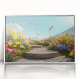 Framed wall art collection showcasing a vibrant landscape garden design in acrylic, featuring a white frame and sleek front view, perfect for home decor.
