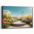 Framed canvas wall art showcasing a vibrant landscape garden design with lush greenery and colorful flowers, set against a sleek black frame, ideal for home decor.