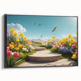 Framed canvas wall art showcasing a vibrant landscape garden design with lush greenery and colorful flowers, set against a sleek black frame, ideal for home decor.