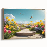 Framed canvas wall art featuring a stunning landscape garden design with vibrant colors and intricate details, presented in a stylish gold frame, ideal for home decor.