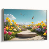 Framed canvas wall art showcasing a stunning landscape garden design, elegantly bordered in silver, perfect for enhancing home decor with nature-inspired aesthetics.