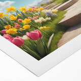 Colorful rolled canvas showcasing a vibrant landscape garden design, perfect for home decor. The artwork features rich greens, blues, and floral details, enhancing any space. Packaged securely in a protective tube for easy transport.