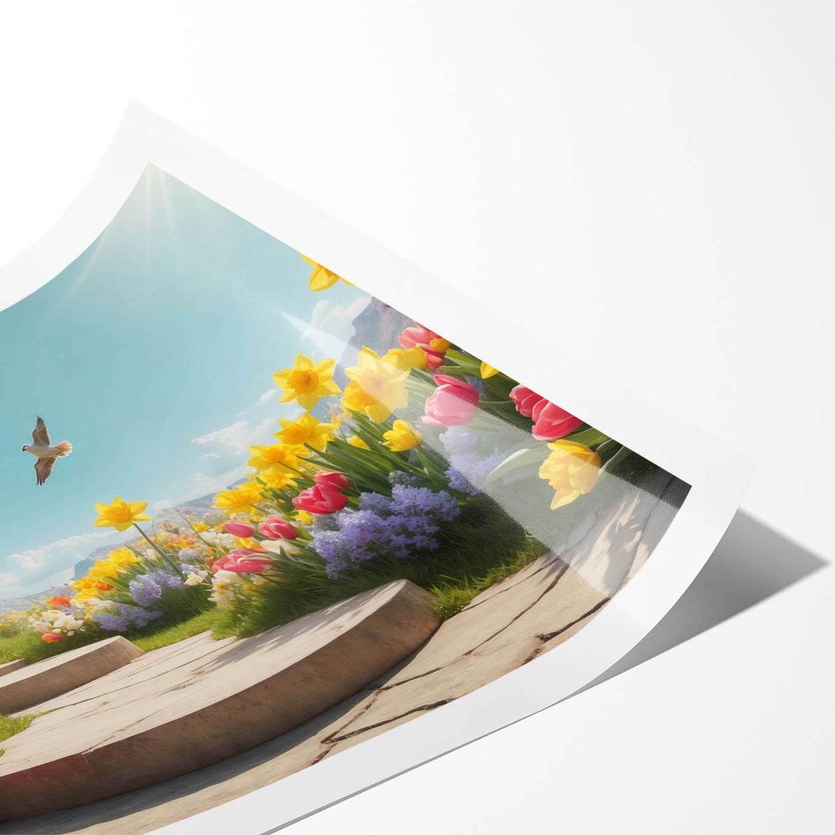 Vibrant rolled print showcasing a serene garden landscape design with lush greenery and colorful flowers, ideal for home decor and wall art collection.