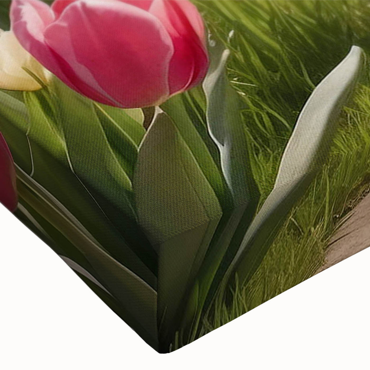 Close-up of a stretched canvas artwork showcasing a vibrant landscape garden design, featuring lush greenery and colorful flowers, perfect for home decor.