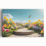 Stretched canvas wall art showcasing a vibrant garden landscape design, featuring lush greenery and colorful flowers, perfect for home decor.