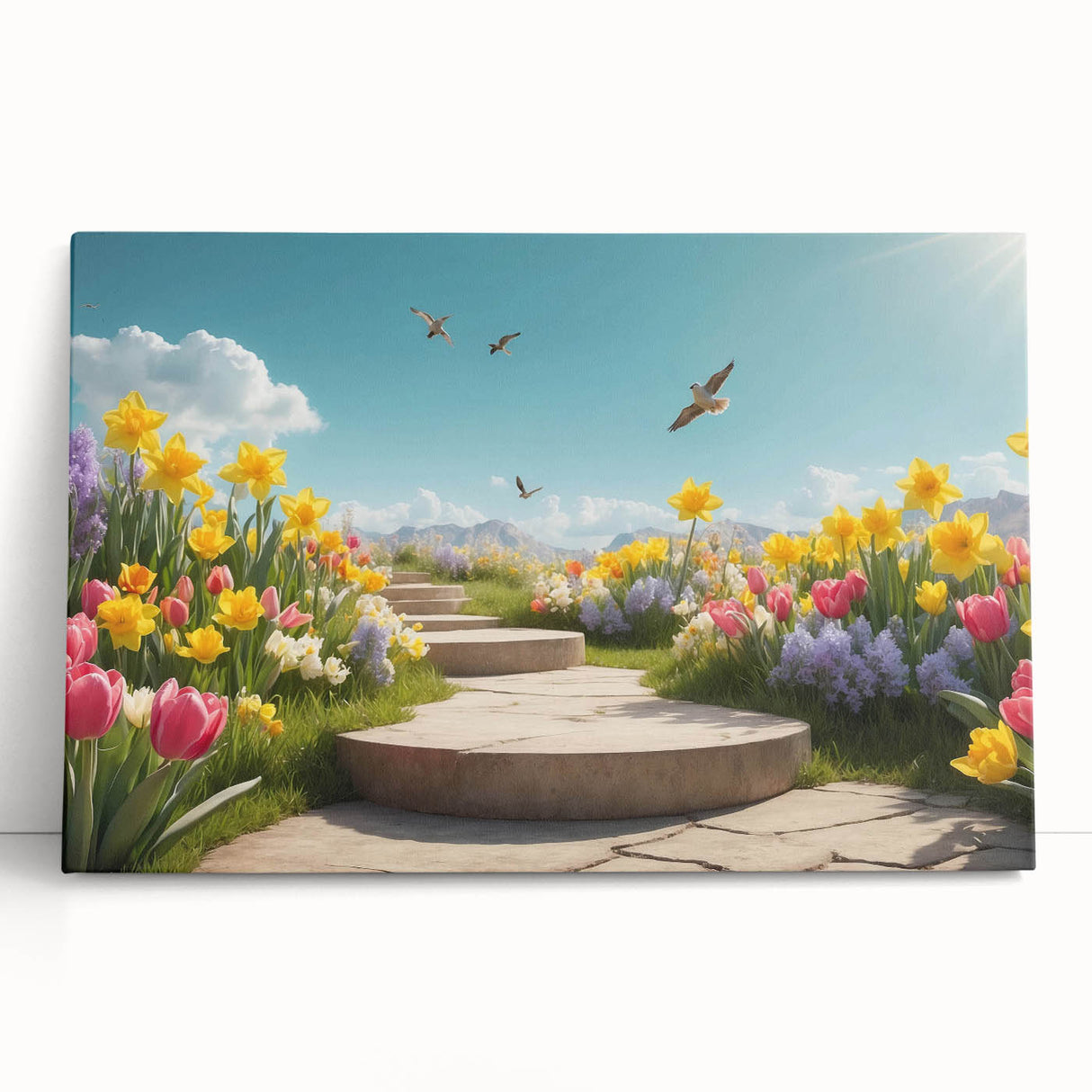 Stretched canvas wall art showcasing a vibrant landscape design with lush greens and serene blues, leaning against a wall in a modern setting, perfect for home decor.