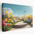Stretched canvas artwork showcasing a vibrant landscape garden design, featuring lush greenery and colorful flowers, perfect for home decor.