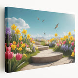 Stretched canvas artwork showcasing a vibrant landscape garden design, featuring lush greenery and colorful flowers, perfect for home decor.