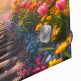 Close-up of a vibrant acrylic glass wall art piece showcasing a colorful landscape garden design, ideal for modern home decor, featuring intricate details and rich colors.