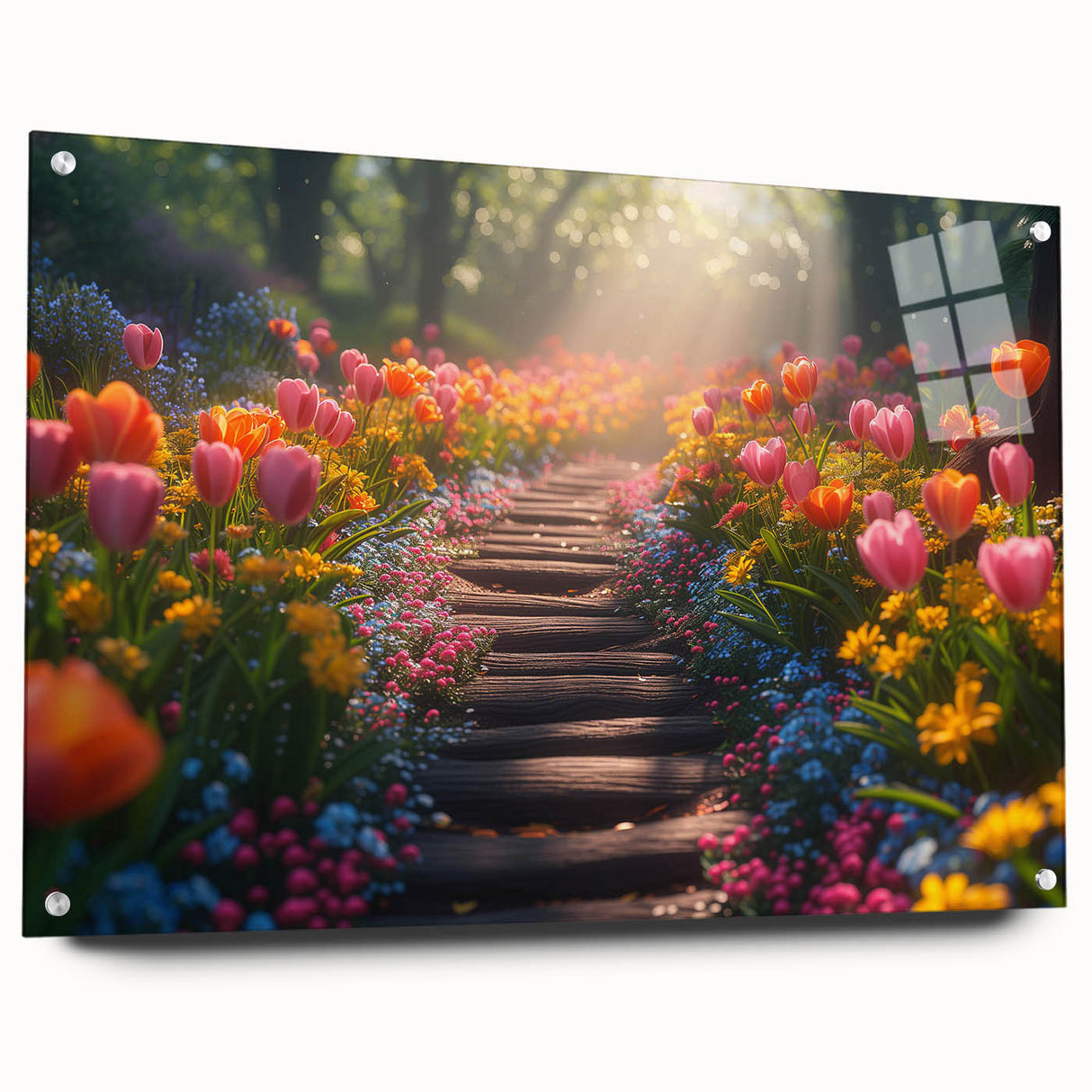 Acrylic glass wall art collection showcasing vibrant landscapes and gardens, featuring a contemporary design with decorative pins, perfect for modern home decor.